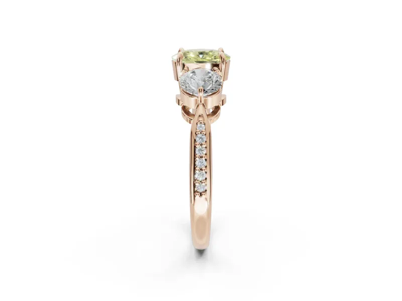 Cushion Cut Three Stone Engagement Ring Setting for a Fancy Yellow Lab-Grown Diamond | Tapered Pave Band | Rose Gold