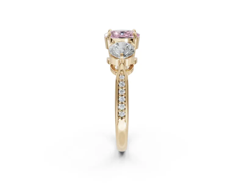 Cushion Cut Three Stone Engagement Ring Setting for a Fancy Pink Lab-Grown Diamond | Tapered Pave Band | Yellow Gold