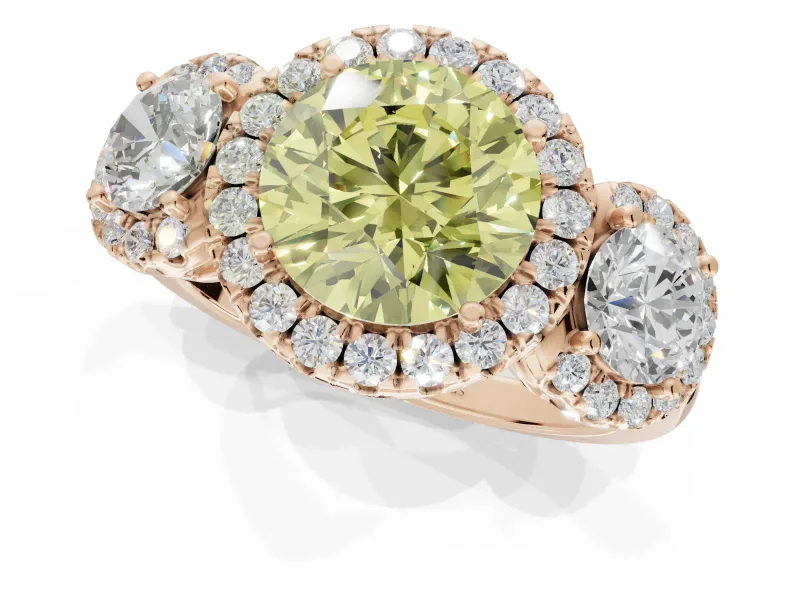 Round Three Stone Halo Engagement Ring Setting for a Fancy Yellow Lab-Grown Diamond | Rose Gold