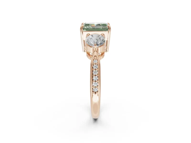 Radiant Cut Three Stone Engagement Ring Setting for a Fancy Green Lab-Grown Diamond | Tapered Pave Band | Rose Gold