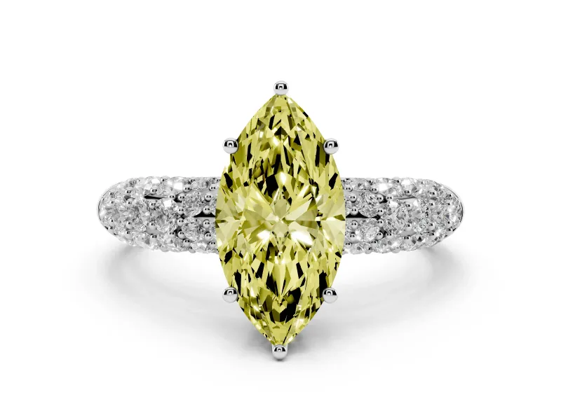 Fancy Yellow Marquise Cut Diamond Pavé Band Solitaire Ring Set in Platinum with Close-Set Accent Stones and Prong Setting