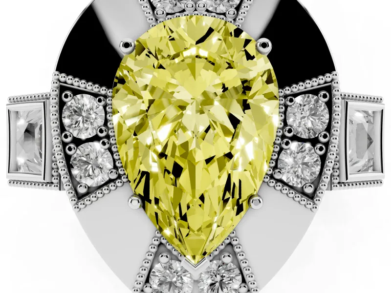 Fancy Yellow Pear Cut Diamond Milgrain Halo Ring Set in White gold with Split Shank