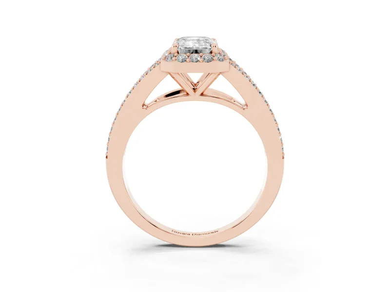 Emerald Cut Halo Engagement Ring Setting | V-Split Pavé Band | Rose Gold