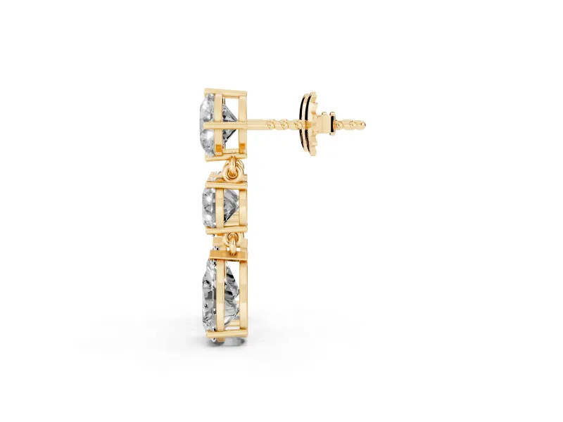 Multi-Shape Lab-Grown Diamond Three Stone Drop Earrings | Cushion Round and Pear | Yellow Gold