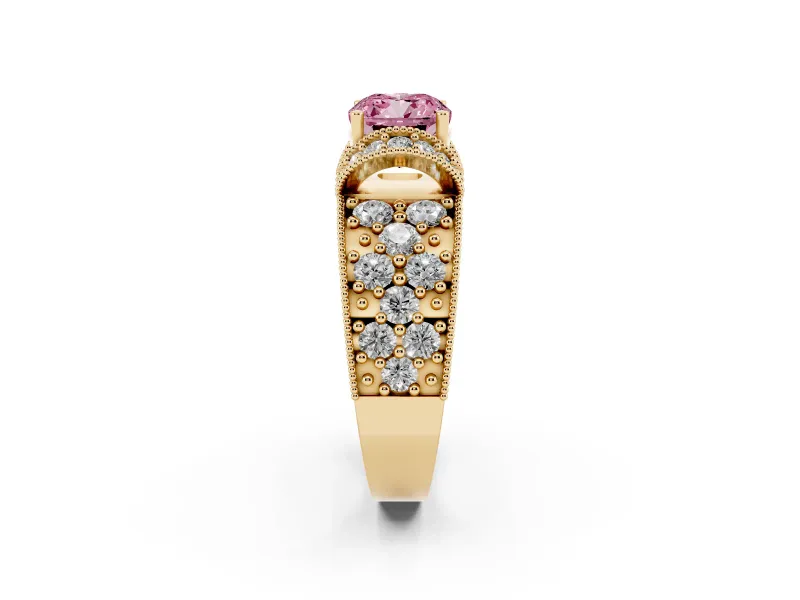 Cushion Cut Vintage Pave Engagement Ring Setting for a Fancy Pink Lab-Grown Diamond | Milgrain Edges | Yellow Gold