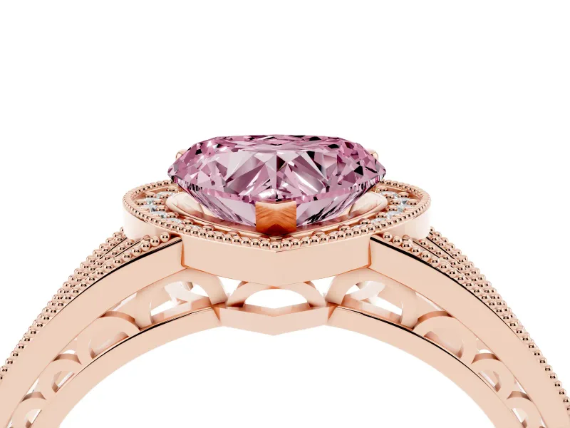 Fancy Pink Heart Cut Diamond Halo Ring Set in Rose gold with Accent Split Shank and Prong Setting