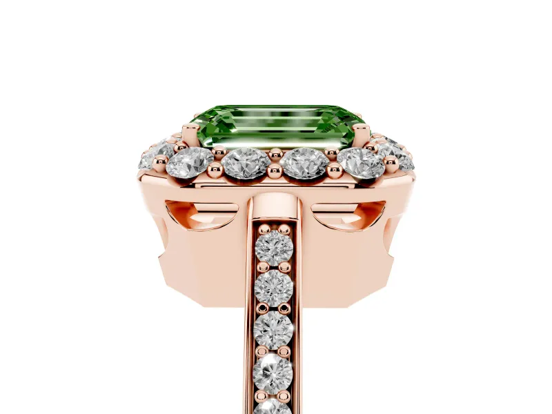 Fancy Green Emerald Cut Diamond Floral Halo Ring Set in Rose gold with Pavé Band and Prong Setting