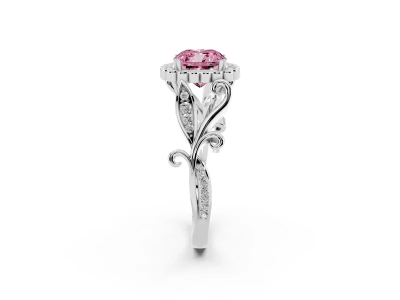 Cushion Cut Leaf Halo Engagement Ring Setting for a Fancy Pink Lab-Grown Diamond | Sterling Silver