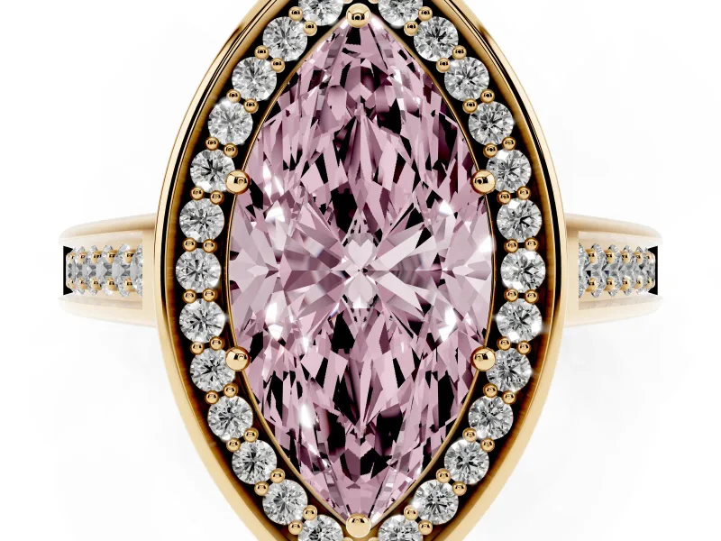 Fancy Pink Marquise Cut Diamond Halo Solitaire Ring Set in Yellow gold with Pavé Band and Bezel Setting