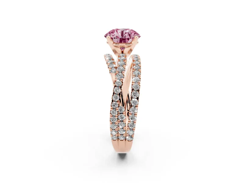 Fancy Pink Round Cut Diamond Solitaire Twist Band Ring Set in Rose gold with Pavé Setting and Prong Head