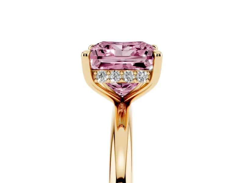 Fancy Pink Princess Cut Diamond Solitaire Ring Set in Yellow gold with Thin Band and Prong Setting