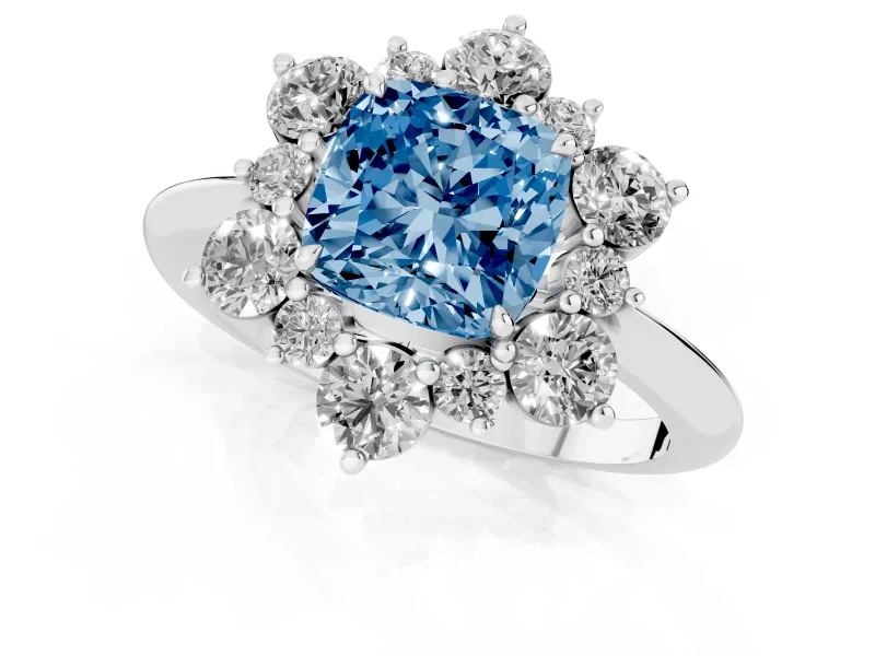 Cushion Cut Cluster Halo Engagement Ring Setting for a Fancy Blue Lab-Grown Diamond | Two-Size Accents | Sterling Silver