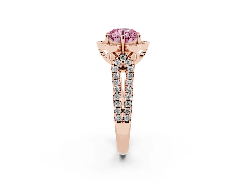 Round Petal Frame Floral Halo Engagement Ring Setting for a Fancy Pink Lab-Grown Diamond | Pavé Split Shank | Rose Gold
