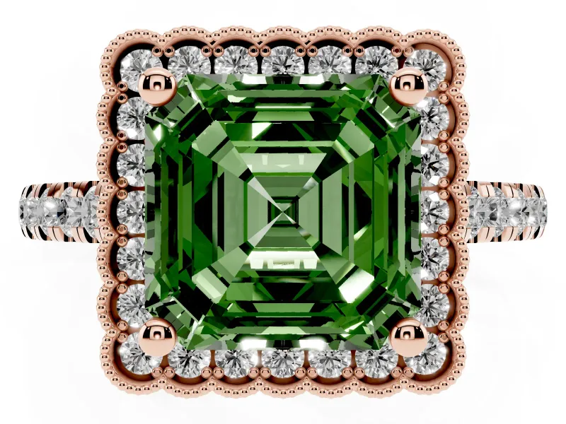 Asscher Cut Milgrain Floral Halo Engagement Ring Setting for a Fancy Green Lab-Grown Diamond | Pavé Band | Rose Gold