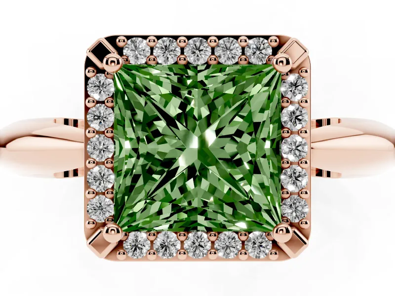 Fancy Green Princess Cut Diamond Halo Engagement Ring Set in Rose gold with Plain Split Shank and Prong Setting