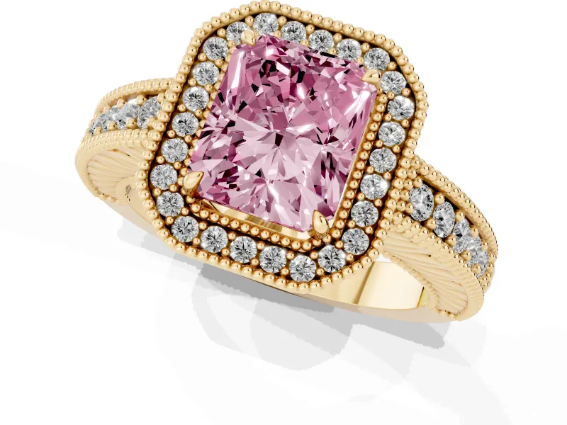 Fancy Pink Radiant Cut Diamond Halo Ring Set in Yellow gold with Round Accent Halo, Pavé Band and Prong Setting
