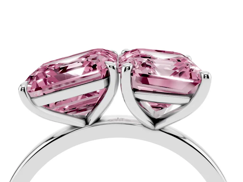 Fancy Pink Asscher Cut and Emerald Cut Toi Moi Ring Set in Platinum with Prong Setting