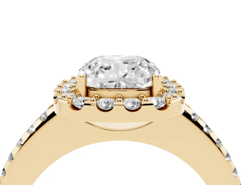 Cushion Cut Pave Halo Engagement Ring Setting | Pave Band | Yellow Gold