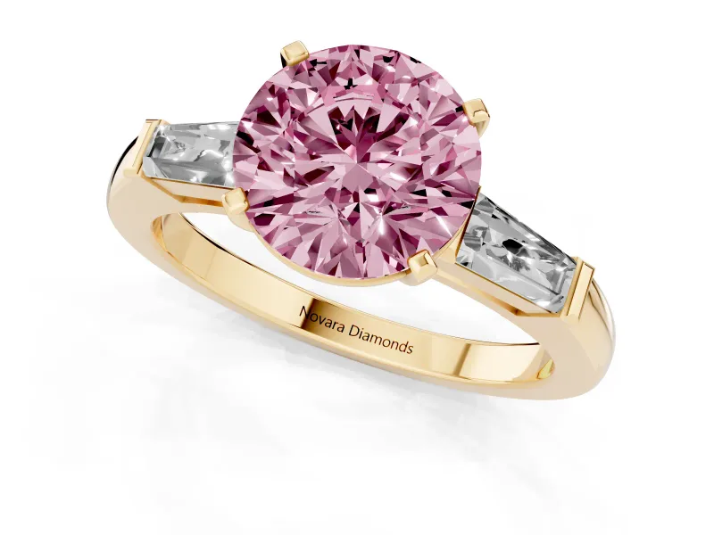 Round Three Stone Engagement Ring Setting for a Fancy Pink Lab-Grown Diamond | Tapered Baguettes | Yellow Gold