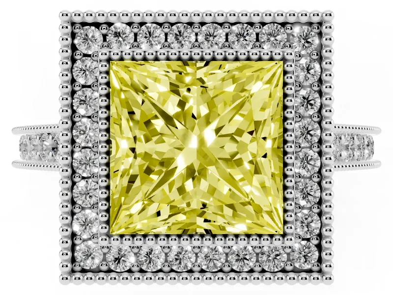 Princess Cut Vintage Milgrain Halo Engagement Ring Setting for a Fancy Yellow Lab-Grown Diamond | Bezel Head | Platinum