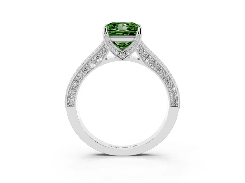 Princess Cut Hidden Halo Engagement Ring Setting for a Fancy Green Lab-Grown Diamond | Milgrain Pave | Platinum