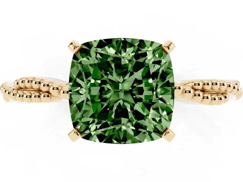 Fancy Green Cushion Cut Diamond Solitaire Ring Set in Yellow gold with Twisted Band and Bead Prong Setting