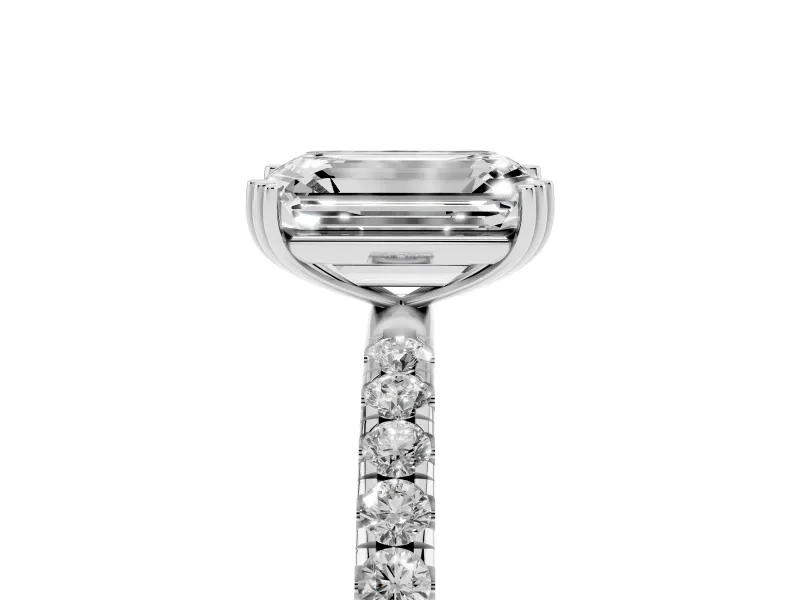 Emerald Cut Diamond Brilliant Solitaire Set in White gold with Pavé Band and Claw Prong Setting