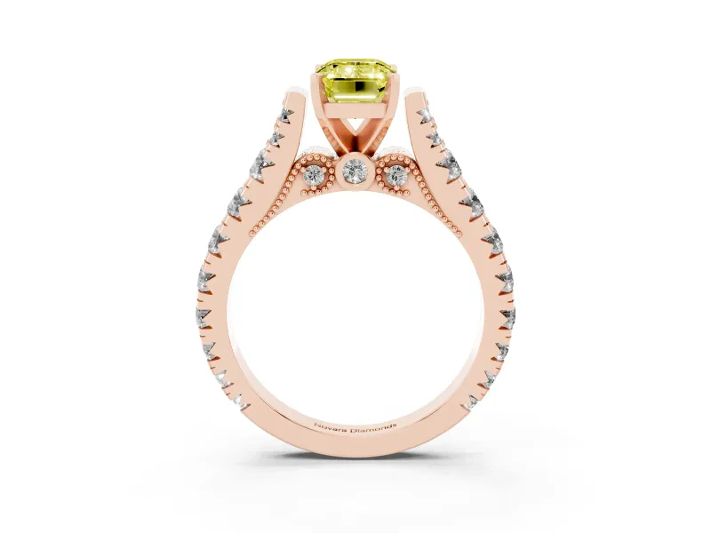 Fancy Yellow Emerald Cut Diamond Classic Solitaire Ring Set in Rose gold with Pavé Band and Prong Setting