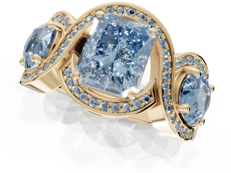 Radiant Cut Three Stone Halo Engagement Ring Setting for a Fancy Blue Lab-Grown Diamond | Pavé Wave Band | Yellow Gold