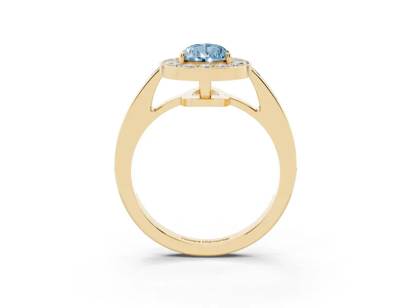 Fancy Blue Pear Cut Diamond Halo Pavé Engagement Ring Set in Yellow gold with Bezel Setting