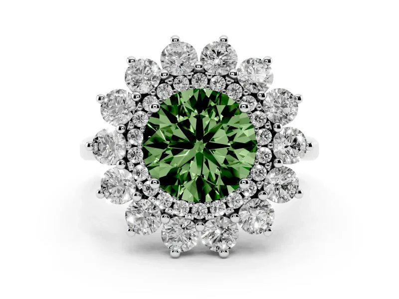 Fancy Green Round Cut Diamond Floral Double Halo Ring Set in White gold with Round Petals