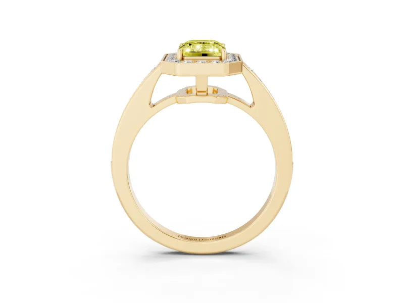 Fancy Yellow Emerald Cut Diamond Halo Pavé Engagement Ring Set in Yellow gold with Bezel Setting