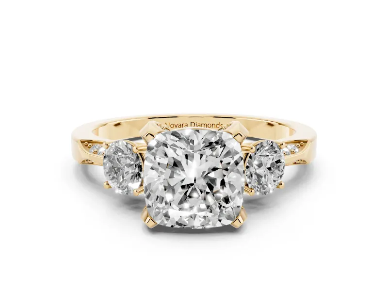 Cushion Cut Diamond Three-Stone Ring Set in Yellow gold with Pavé Band and Smaller Side Stones