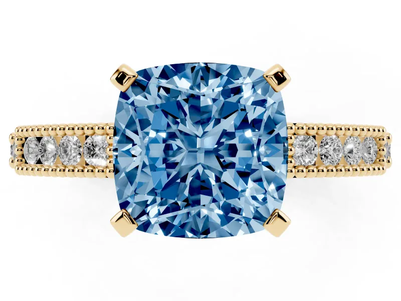 Cushion Cut Vintage Pavé Engagement Ring Setting for a Fancy Blue Lab-Grown Diamond | Yellow Gold