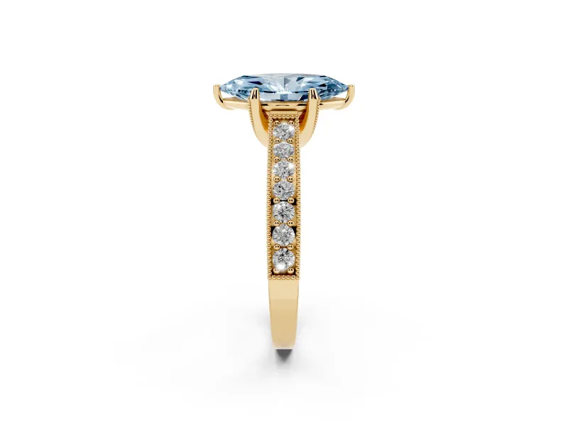 Marquise Hidden Halo Engagement Ring Setting for a Fancy Blue Lab-Grown Diamond | Milgrain Pave | Yellow Gold