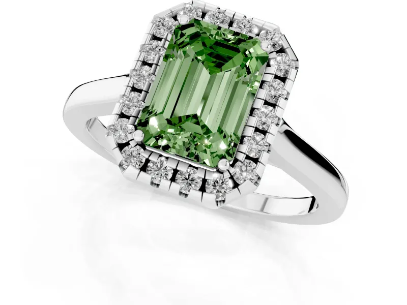 Fancy Green Emerald Cut Halo Round Diamond Solitaire Ring Set in Silver with Pavé Band and Prong Setting