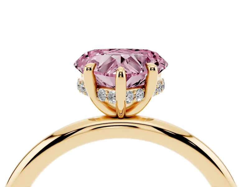 Fancy Pink Heart Cut Diamond Solitaire Ring Set in Yellow gold with Thin Band and Prong Setting