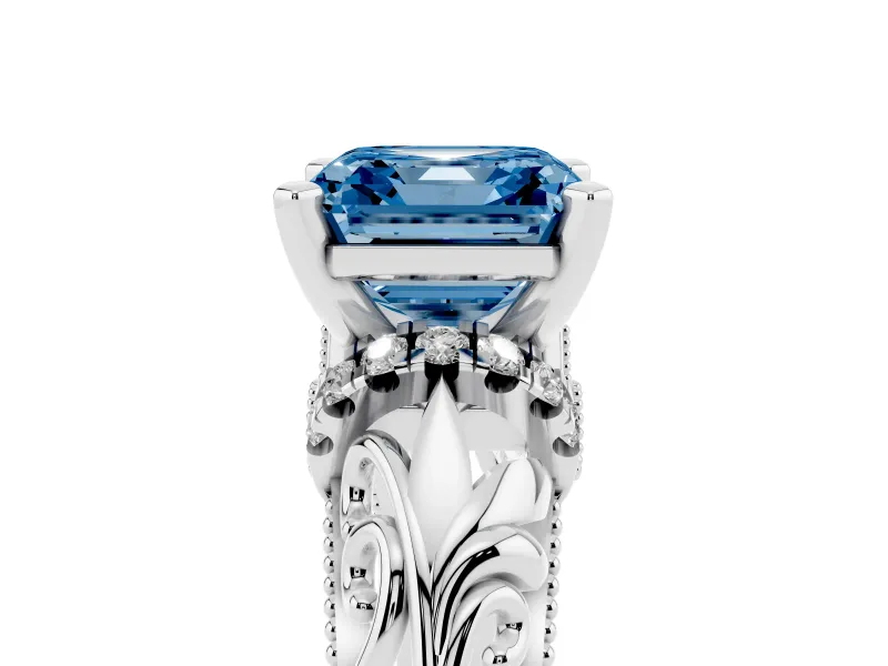 Fancy Blue Asscher Cut Diamond Filigree Halo Engagement Ring Set in Platinum with Prong Setting