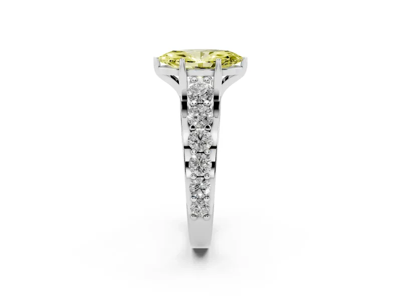 Fancy Yellow Marquise Cut Diamond Pavé Engagement Ring Set in White gold with Prong Setting