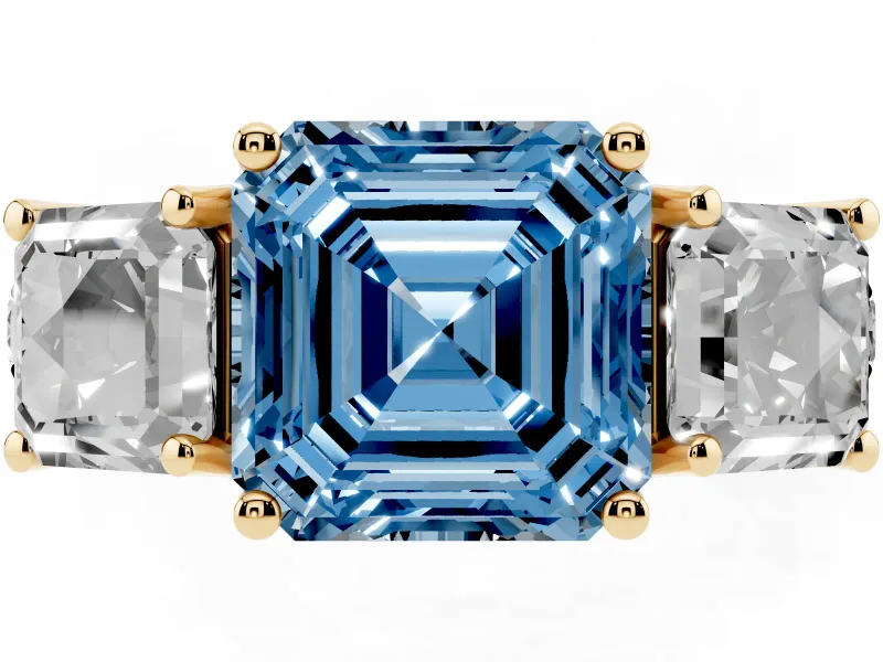 Asscher Cut Three Stone Engagement Ring Setting for a Fancy Blue Lab-Grown Diamond | Accented Shoulders | Yellow Gold