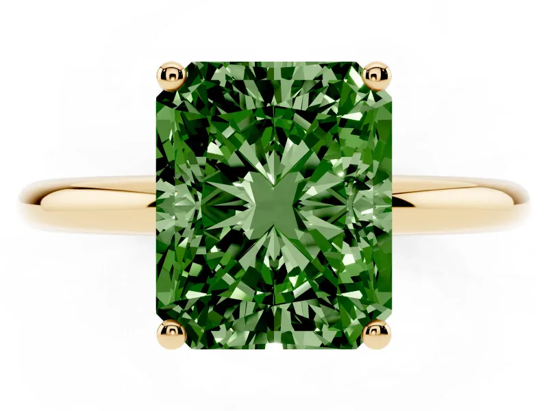 Fancy Green Radiant Cut Diamond Solitaire Engagement Ring Set in Yellow gold with Prong Setting and Polished Band