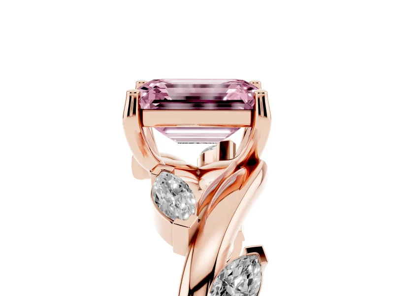Fancy Pink Emerald Cut Diamond Solitaire Ring Set in Rose gold with Twisted Marquise Accent Band