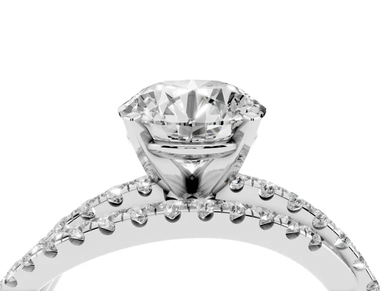 Round Cut Diamond Solitaire Twist Band Ring Set in Silver with Pavé Setting and Prong Head