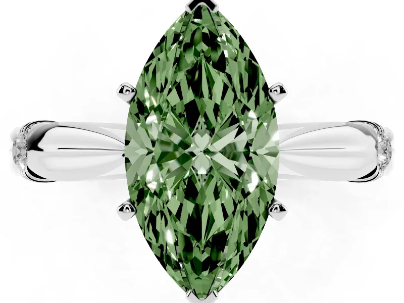 Fancy Green Marquise Cut Diamond Solitaire Twisted Band Ring Set in Platinum with Accent Stones and Prong Setting