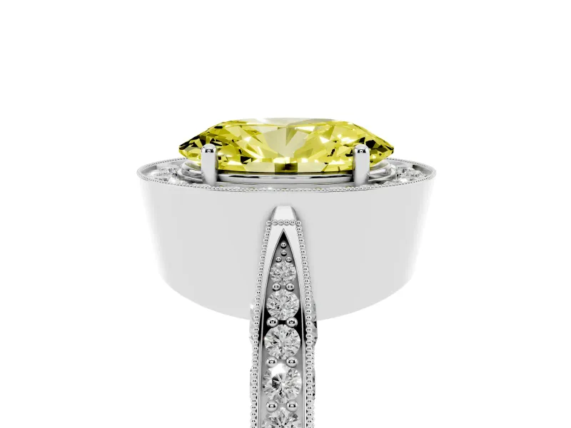 Oval Milgrain Halo Engagement Ring Setting for a Fancy Yellow Lab-Grown Diamond | Side Stones | Platinum