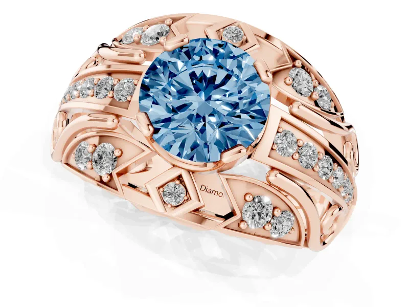 Round Art Deco Graduated Engagement Ring Setting for a Fancy Blue Lab-Grown Diamond | Rose Gold