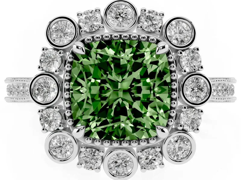 Fancy Green Cushion Cut Diamond Halo Milgrain Pavé Ring Set in Silver with Prong Setting