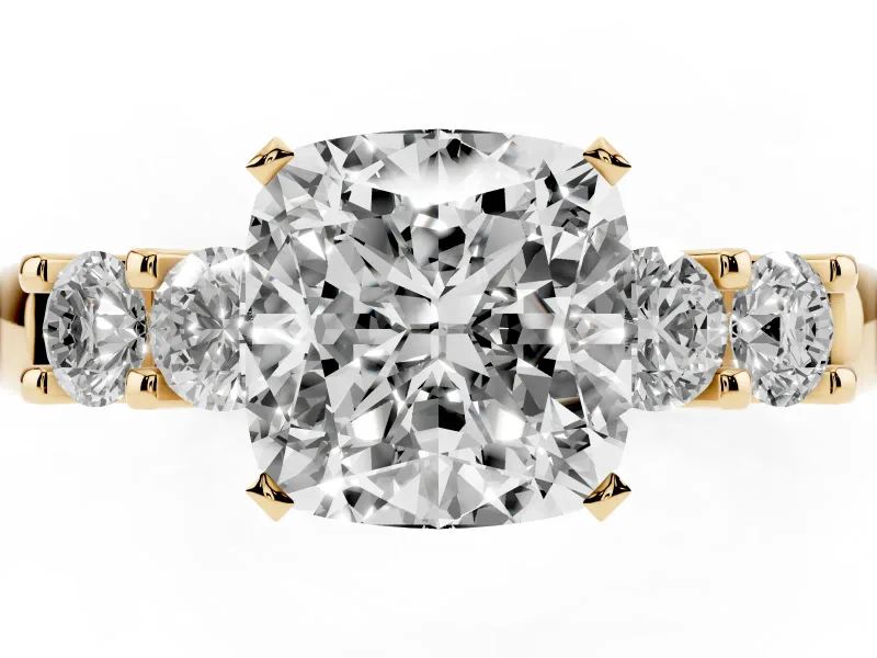 Cushion Cut Diamond Five-Stone Prong Set Engagement Ring Set in Yellow gold with Channel Band