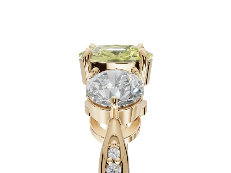 Cushion Cut Three Stone Engagement Ring Setting for a Fancy Yellow Lab-Grown Diamond | Tapered Pave Band | Yellow Gold