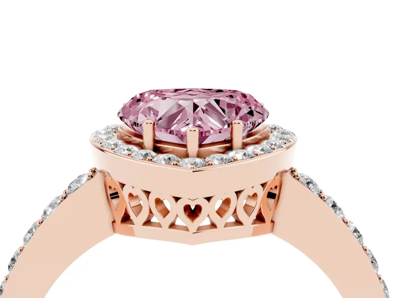 Fancy Pink Heart Cut Diamond Halo Ring Set in Rose gold with Pavé-Setting Band and Open Prong Center